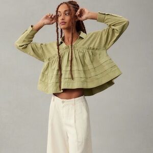 Pilcro Anthropologie Sage Green Layered Babydoll Collared Top XXS NWT